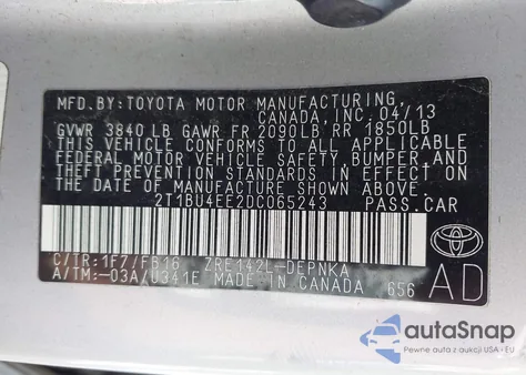 2013 Toyota Corolla Le из США, поврежденный, VIN 2T1BU4EE2DC065243